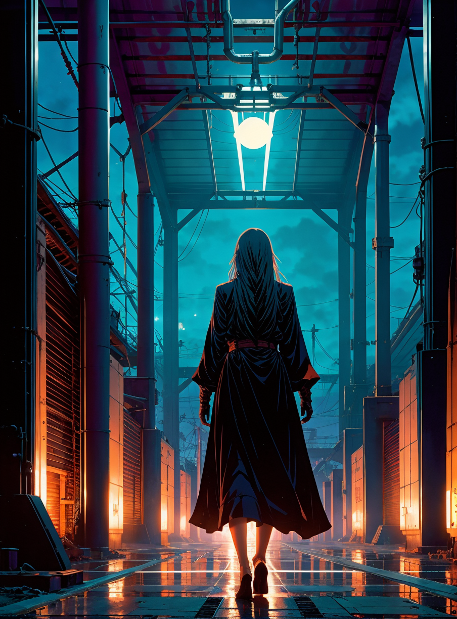 00081-1052003893-An anime 25yo woman,  industrial setting,  nighttime,  artificial lighting,  parking area,  at a festival,  by Zdzislaw Beksinsk.png
